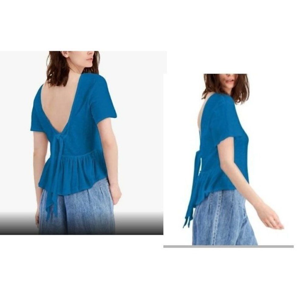 INC International Concepts Cotton Tie-Back Ruffled Top, Resort Blue, Sz. L